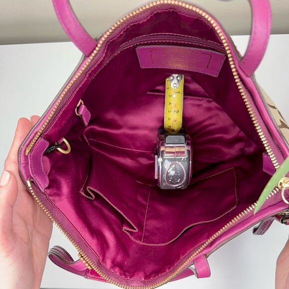 Coach Signature Stripe Tote Bag 12429 Fuchsia Pink Khaki Canvas Leather Y2K Bag - Picture 6 of 11